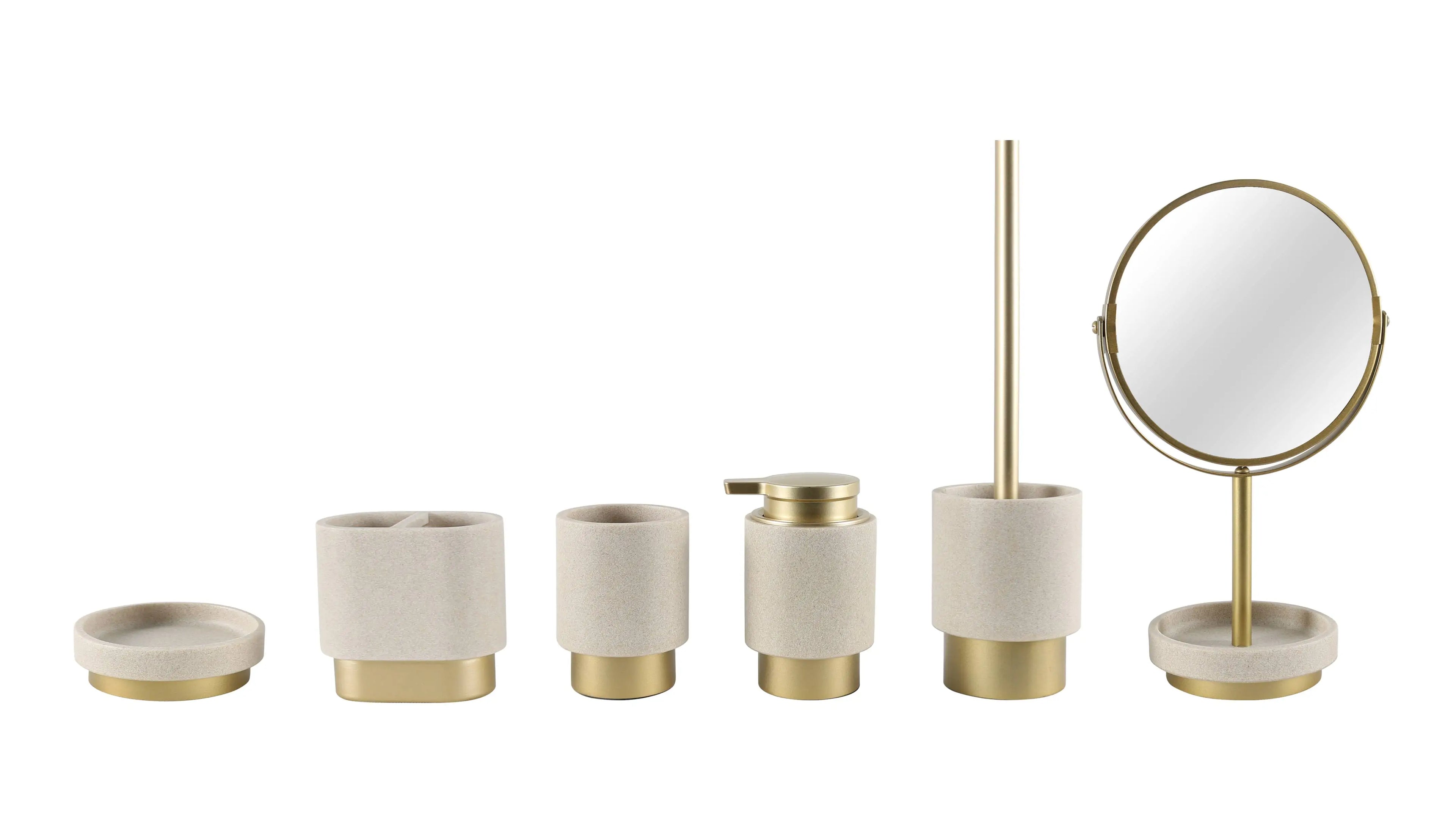 Gold & Sand Resin Luxury Bathroom Bundle — 6-Piece Set with Mirror | Resin-25-06101