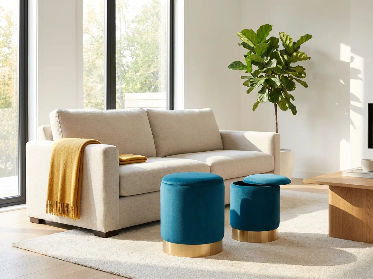 Velvet Round Storage Ottoman Set lifestyle scene