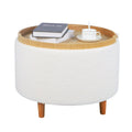 White Sherpa Fur Round Storage Ottoman with Wooden Tray - Front View
