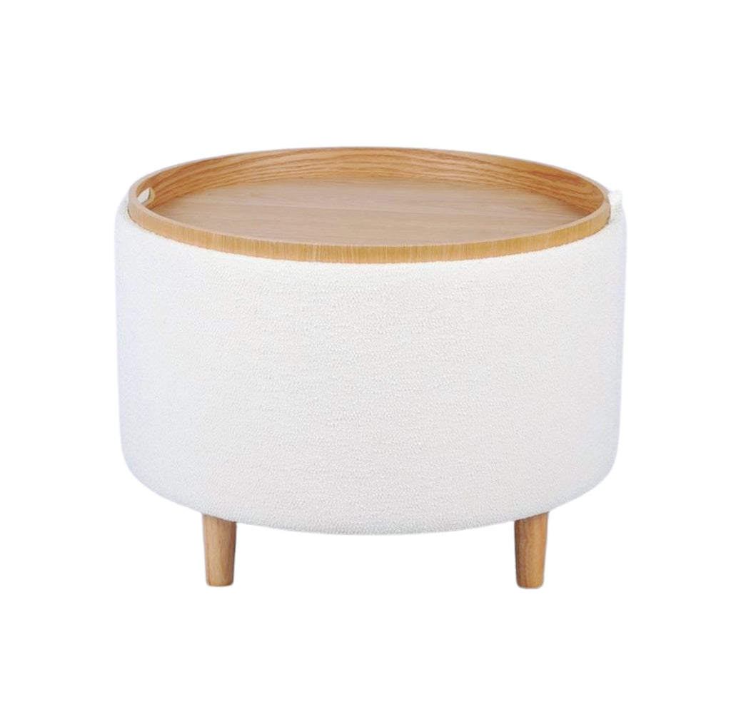 White Boucle Round Storage Ottoman with Tray