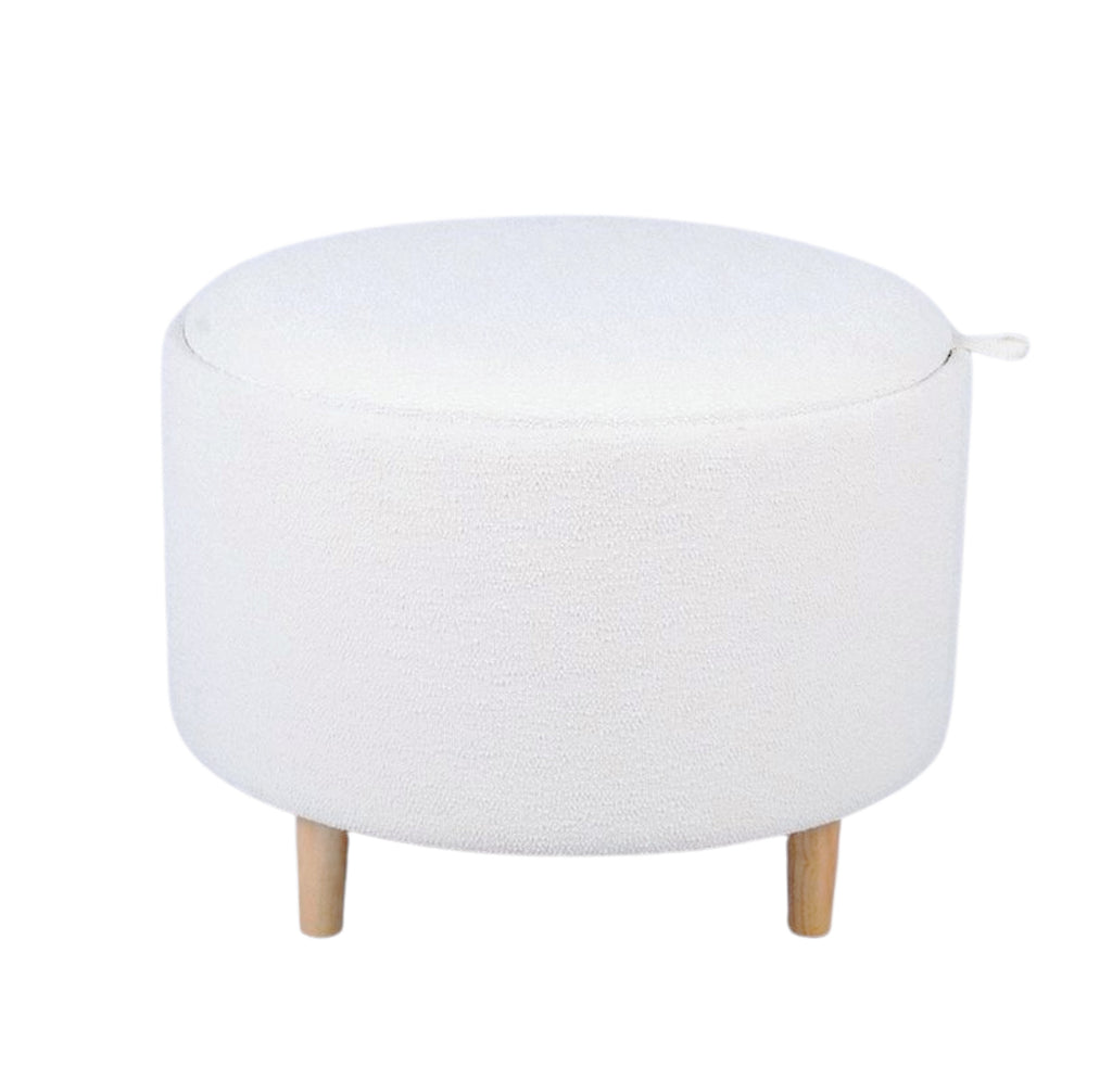 White Boucle Round Storage Ottoman with Tray - Side View