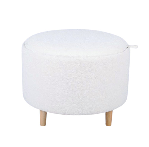 White Boucle Round Storage Ottoman with Tray - Side View