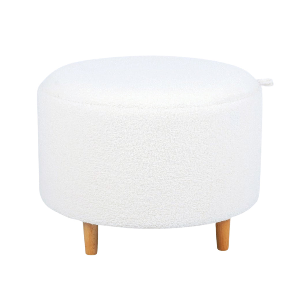 White Sherpa Fur Round Storage Ottoman with Wooden Tray - Side View