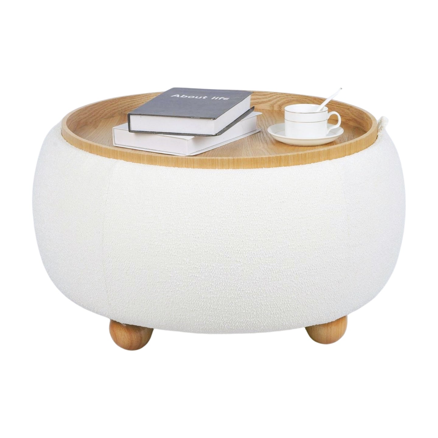 Large White Boucle Round Storage Ottoman with Tray