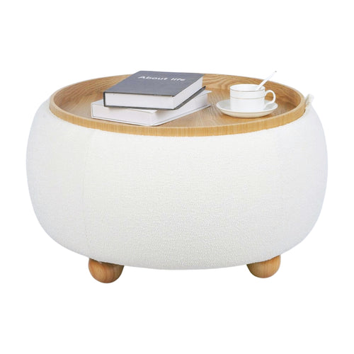 Large White Boucle Round Storage Ottoman with Tray