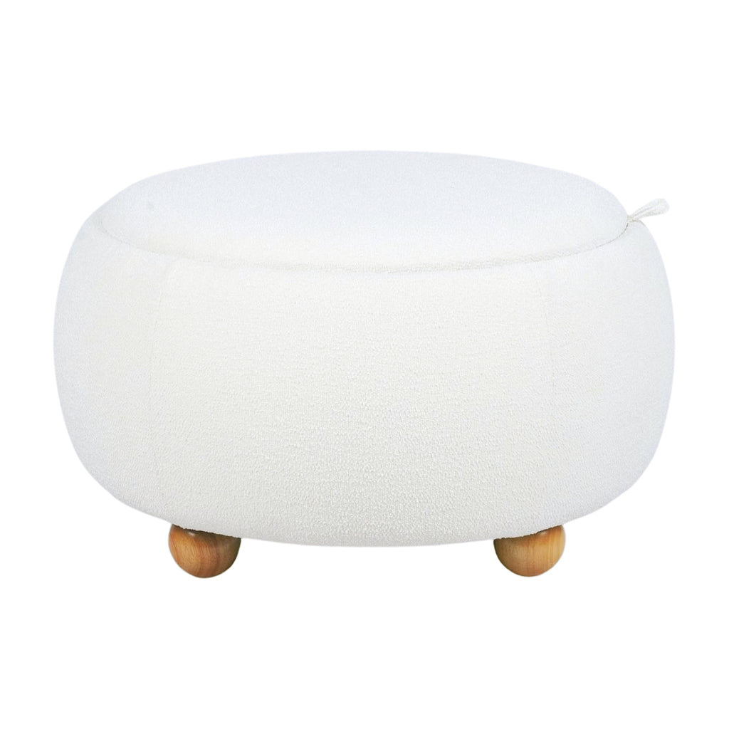 Large White Boucle Round Storage Ottoman with Tray - Side View