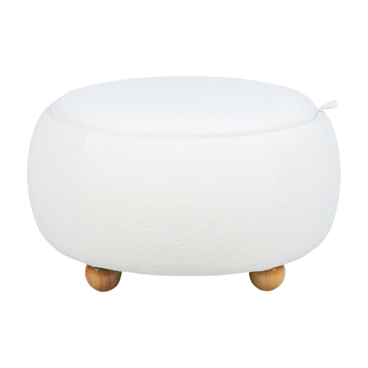 Large White Boucle Round Storage Ottoman with Tray - Side View