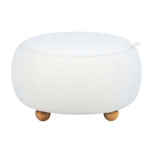Large White Boucle Round Storage Ottoman with Tray - Side View