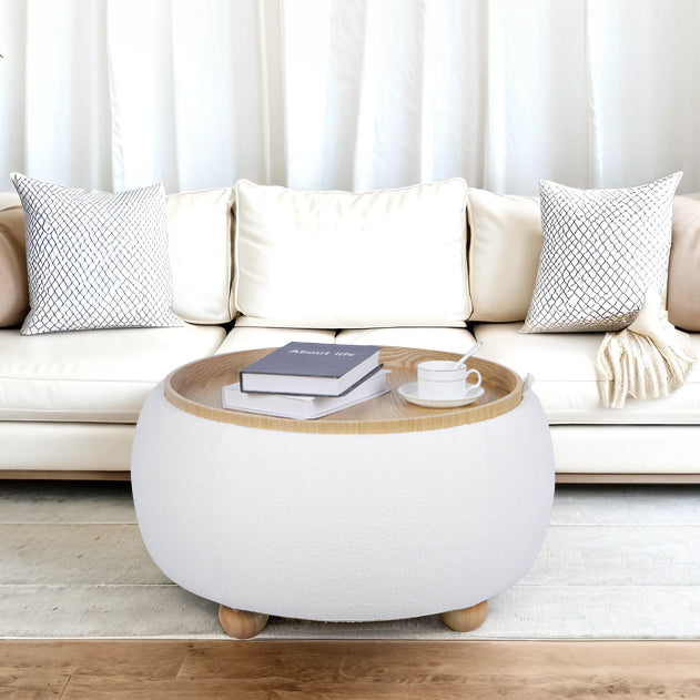 Large White Boucle Round Storage Ottoman with Tray - Detail