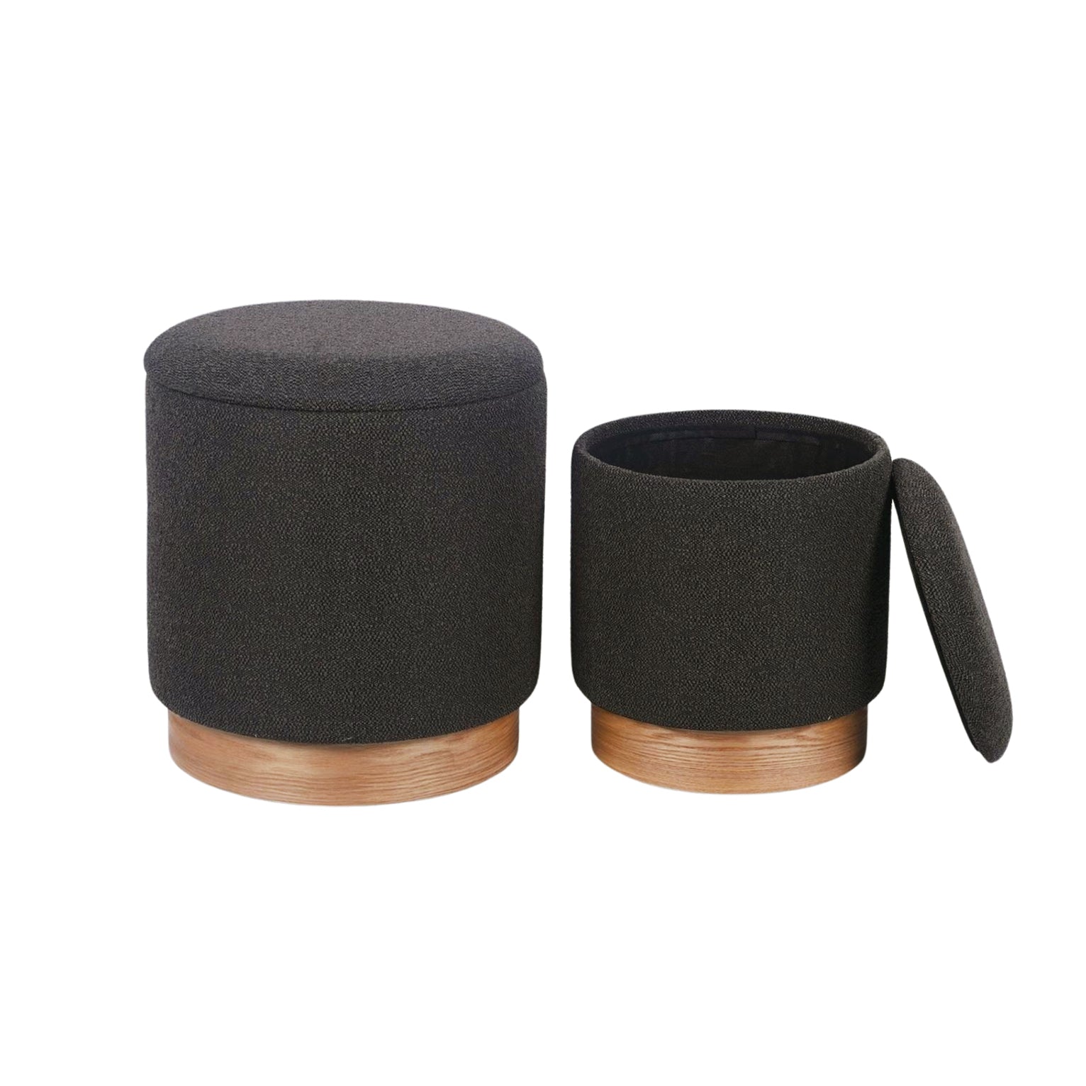 Dark Grey Boucle Round Storage Ottoman Set of 2