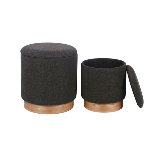 Dark Grey Boucle Round Storage Ottoman Set of 2