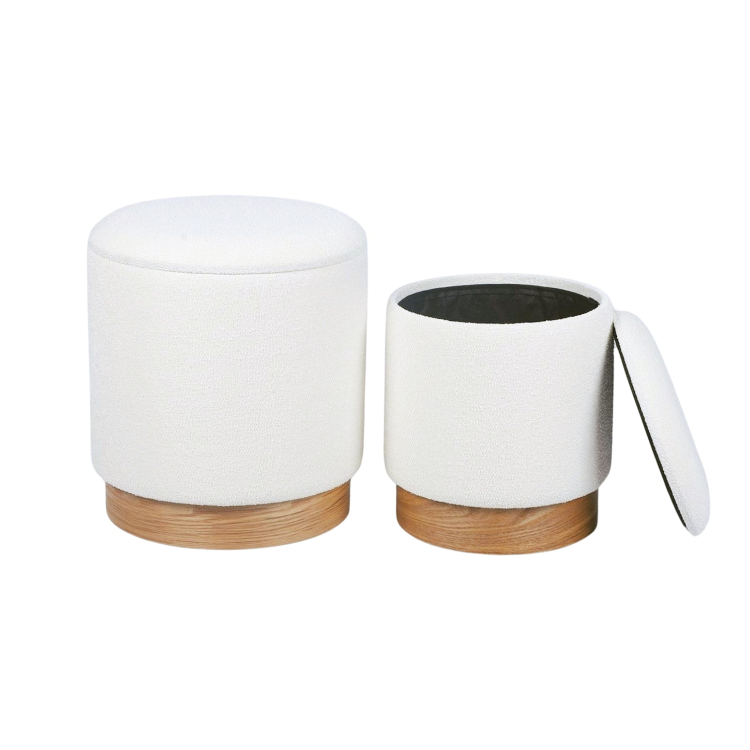 White Boucle Round Storage Ottoman Set of 2