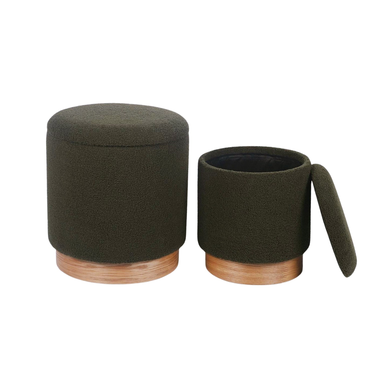 Army Green Sherpa Fur Round Storage Ottoman Set of 2