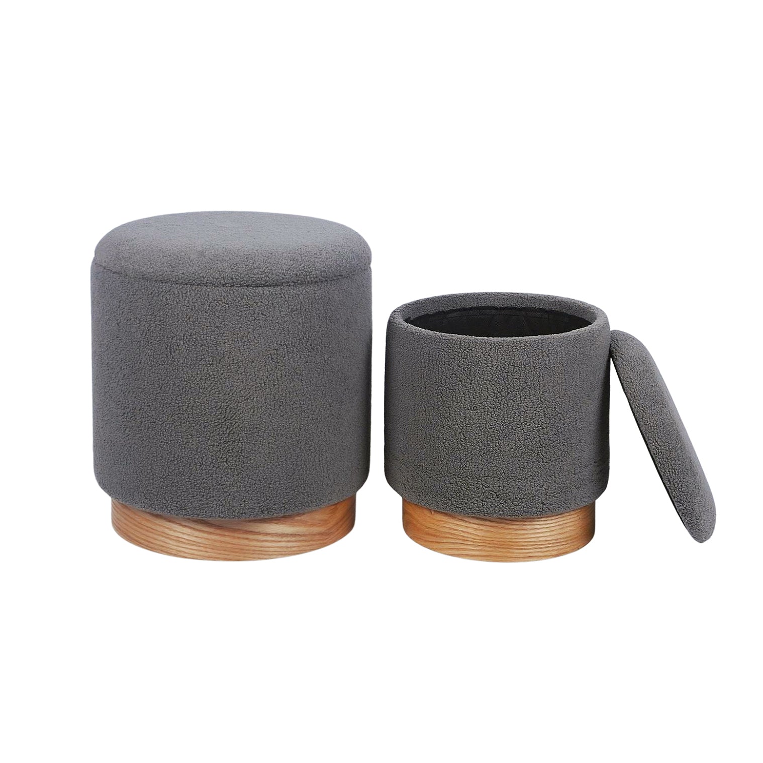 Grey Sherpa Fur Round Storage Ottoman Set of 2