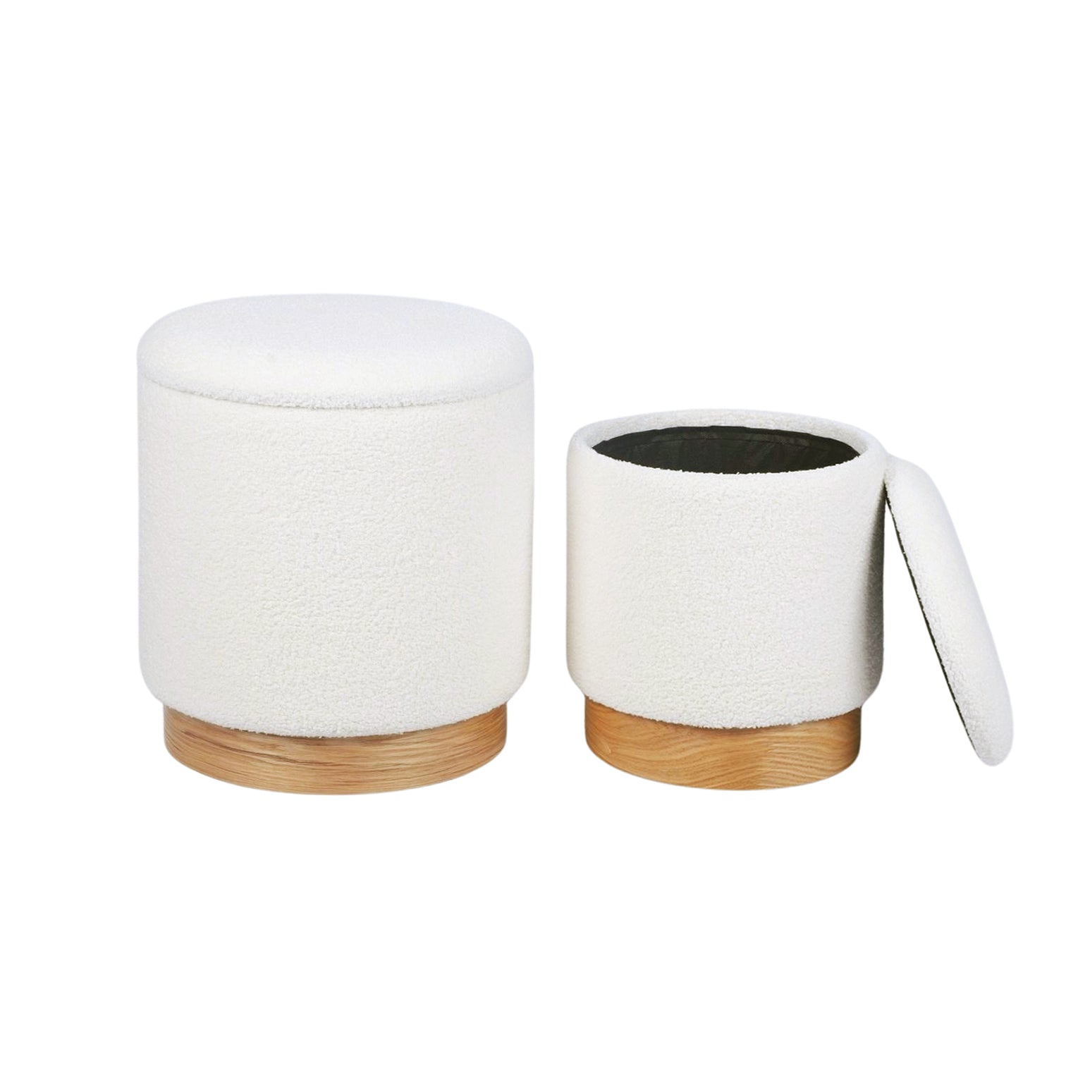 White Sherpa Fur Round Storage Ottoman Set of 2
