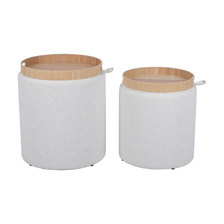 Beige Chenille Round Storage Ottoman Set of 2 with Tray