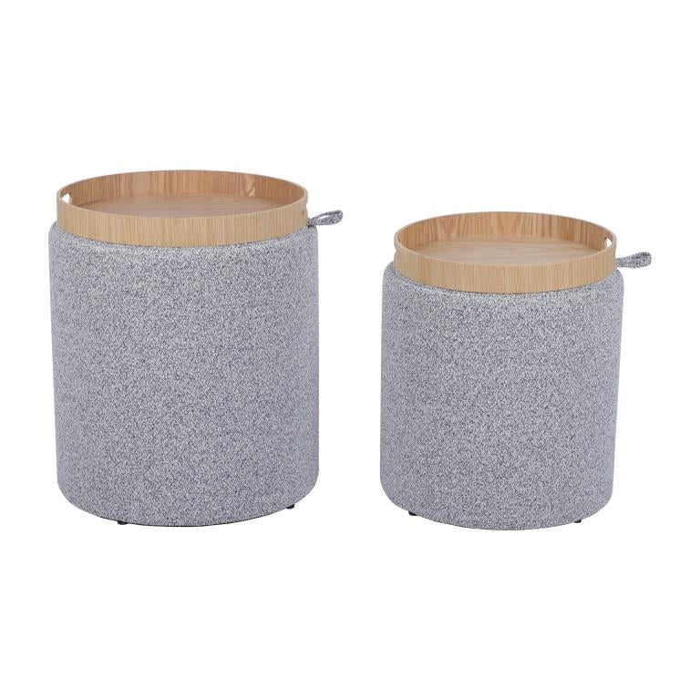 Grey Chenille Round Storage Ottoman Set of 2 with Tray