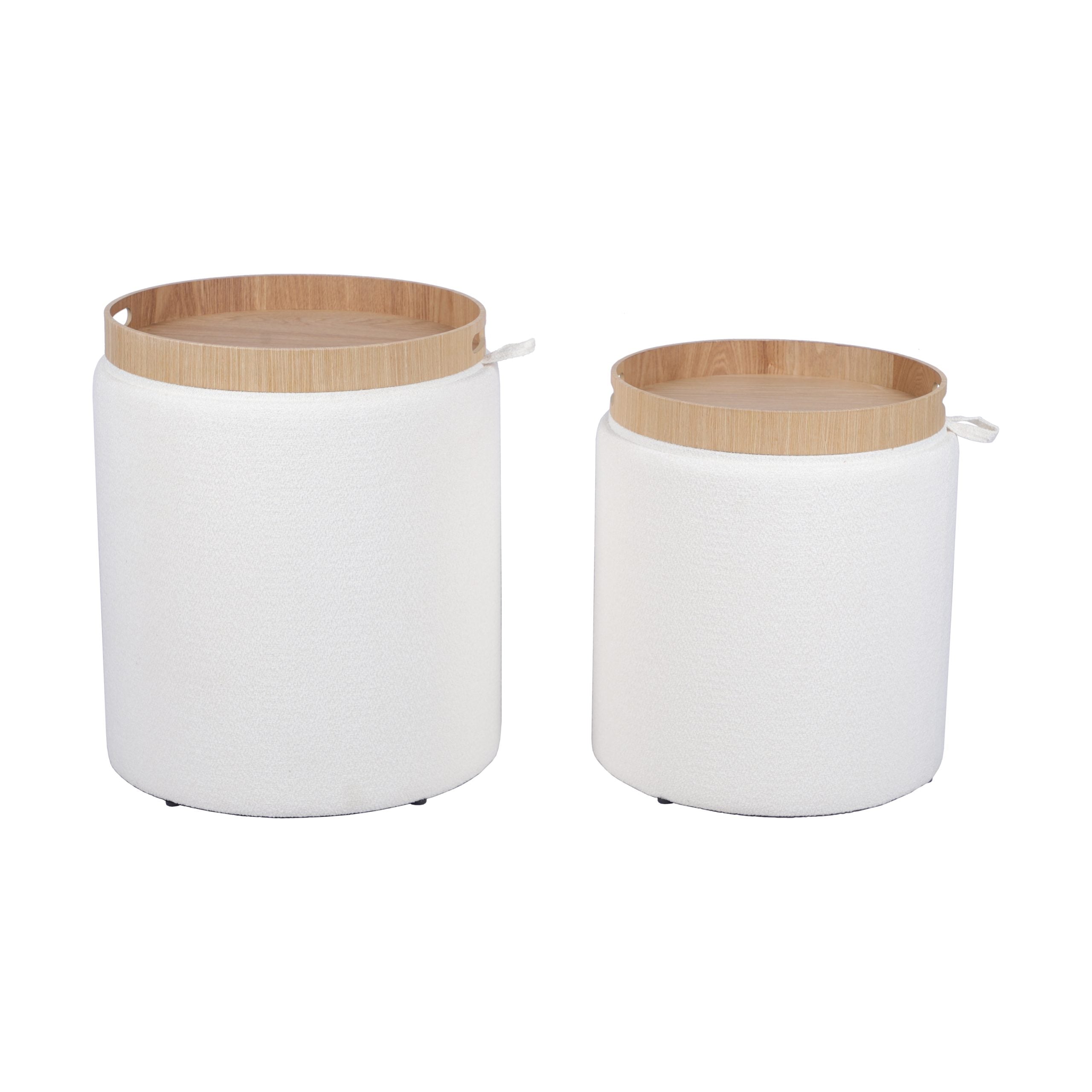White Chenille Round Storage Ottoman Set of 2 with Tray