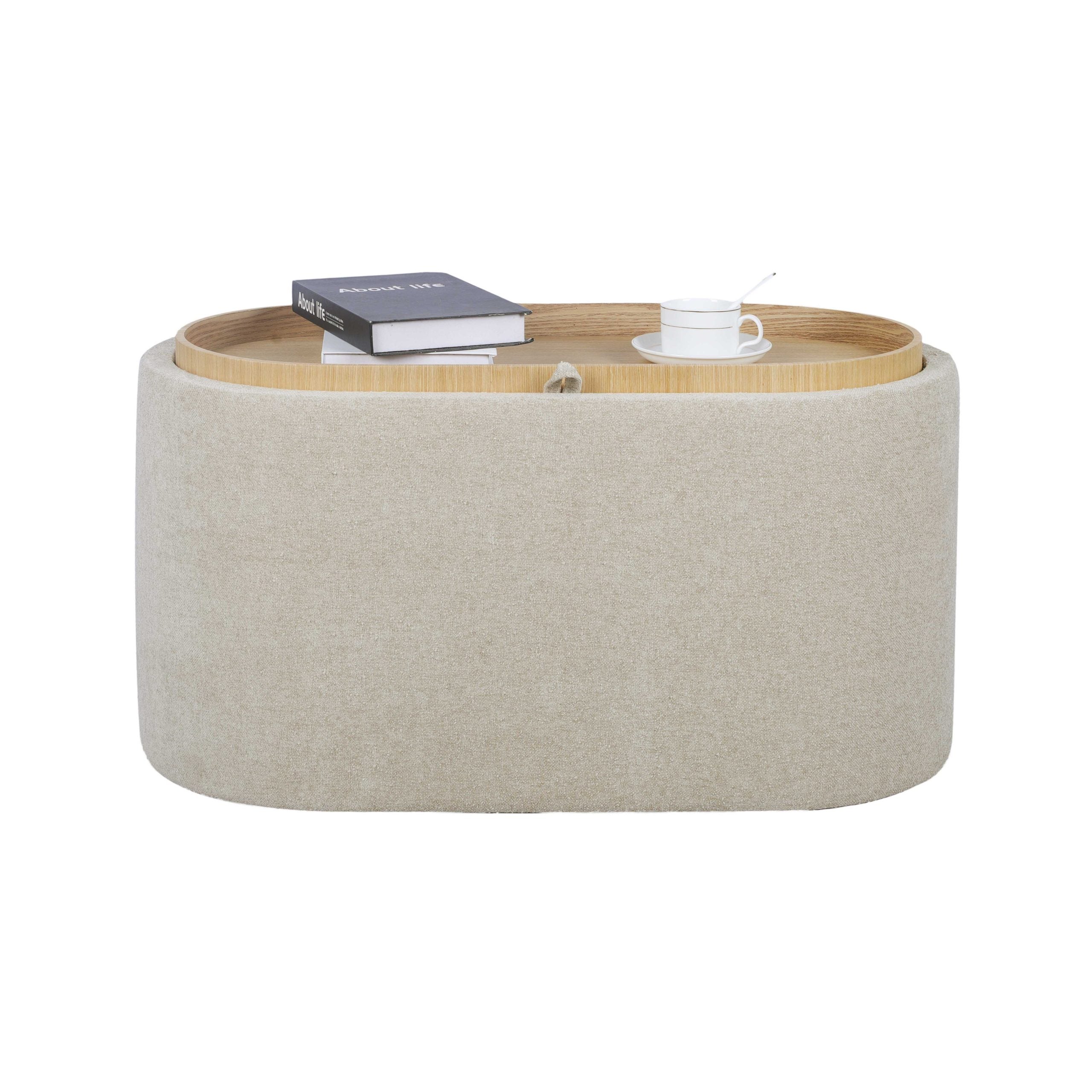 Beige Chenille Rectangular Storage Ottoman Bench with Tray