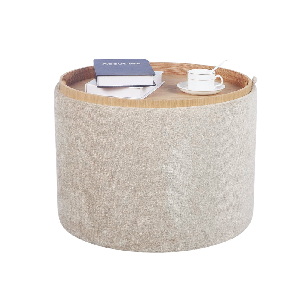 Beige Chenille Round Storage Ottoman with Tray 56cm